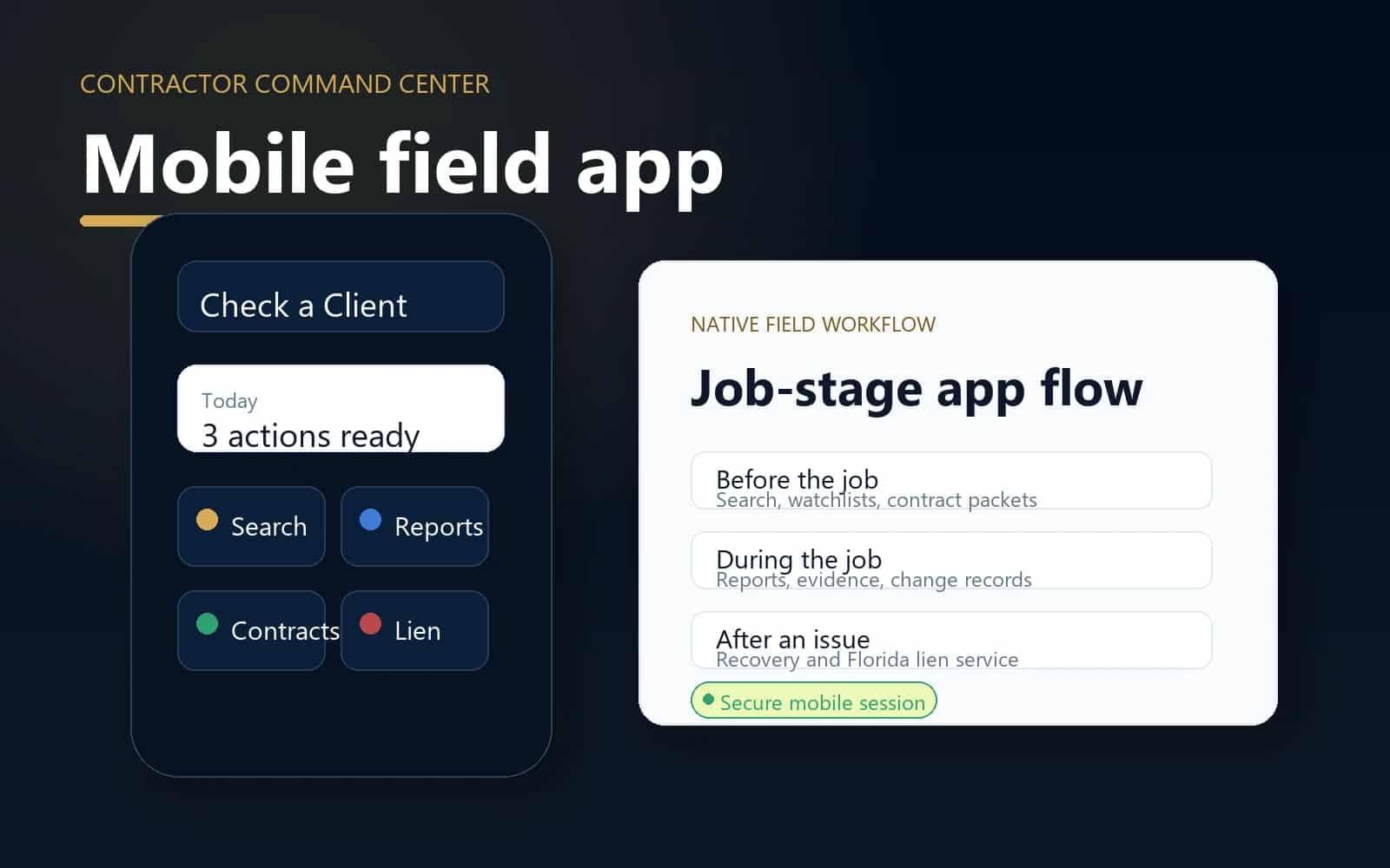 Client Bureau mobile field app visual showing Check a Client, daily actions, reports, contracts, and lien service tools.