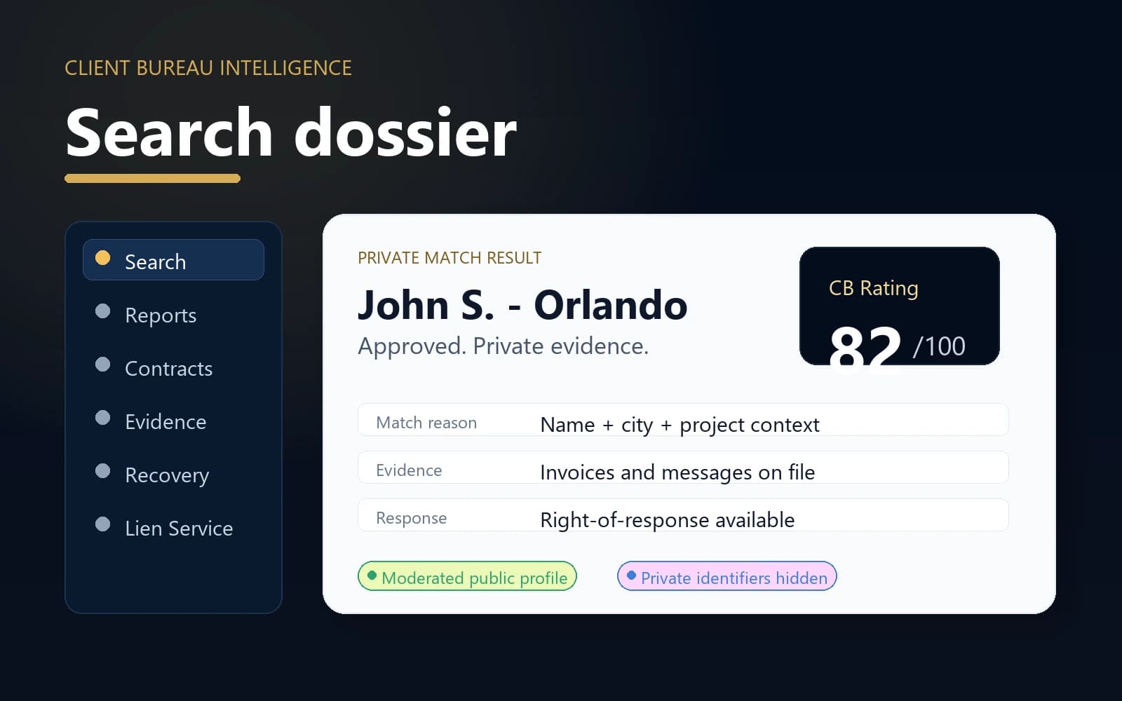 Client Bureau search dossier interface showing an approved public profile preview, rating context, and private evidence indicators.