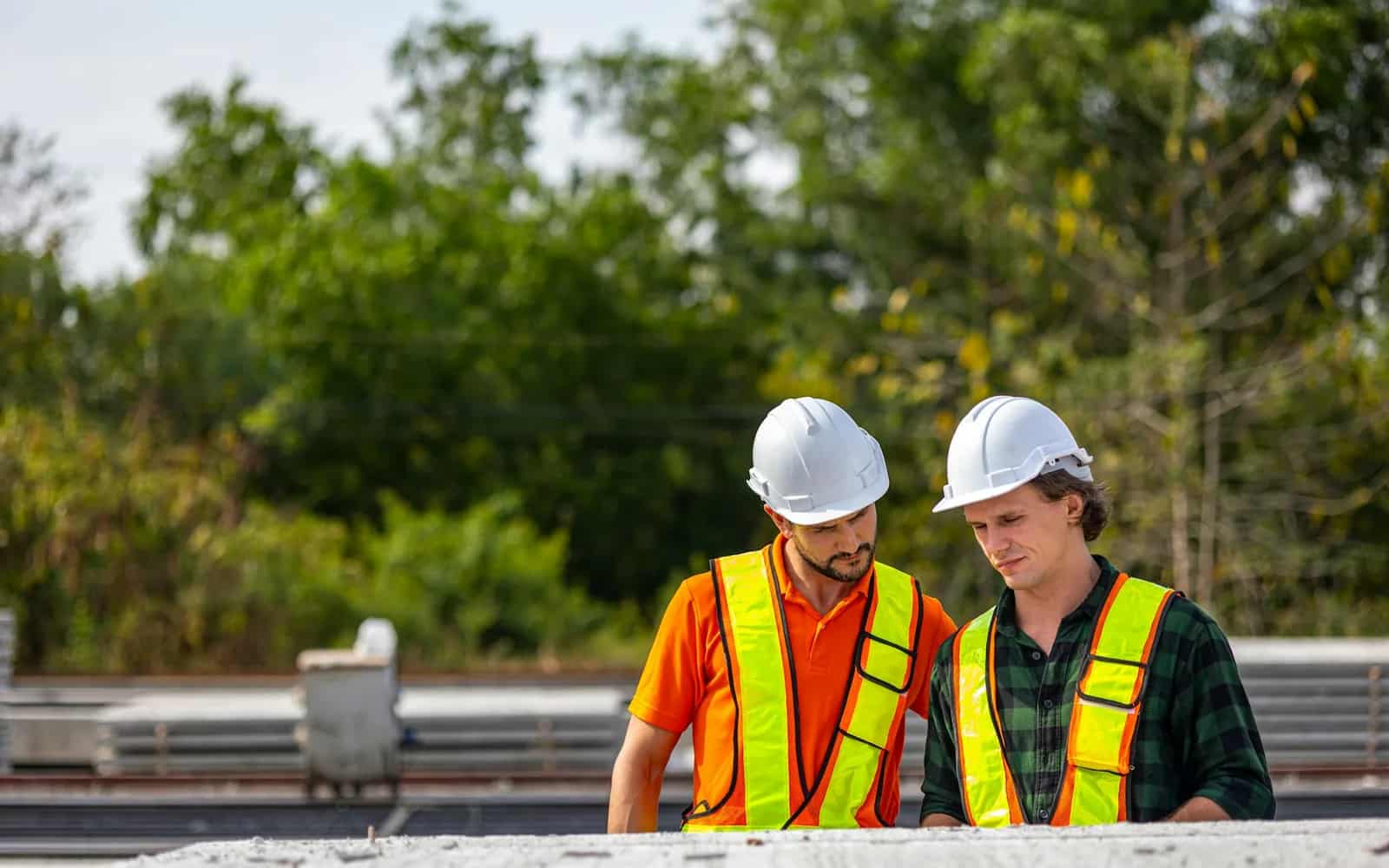 Two construction professionals reviewing project plans together at a worksite.