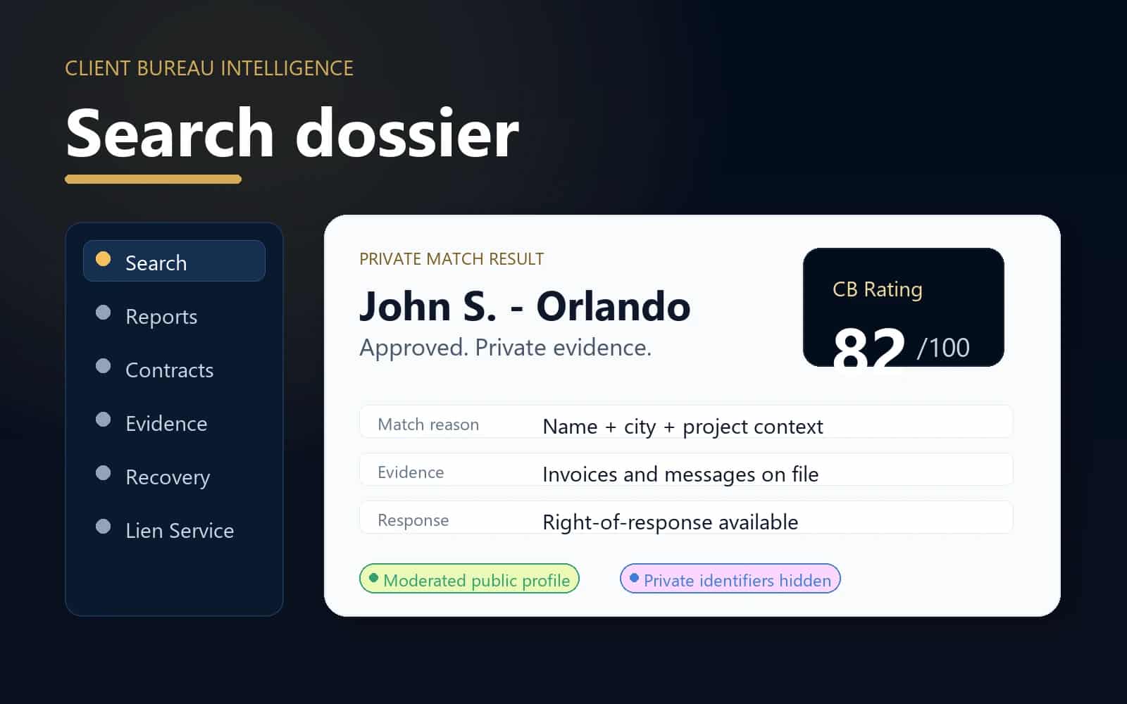 Client Bureau search dossier interface showing an approved public profile preview, rating context, and private evidence indicators.